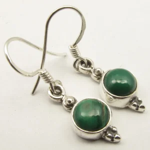 Solid Silver Round Drop Malachite Earrings with triple ball detail