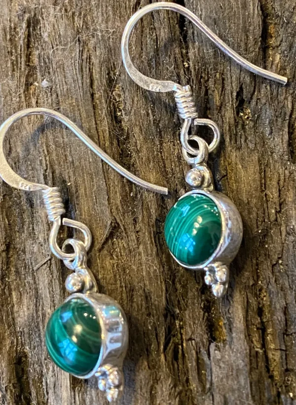 Solid Silver Round Drop Malachite Earrings with triple ball detail