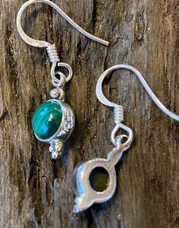Solid Silver Round Drop Malachite Earrings with triple ball detail