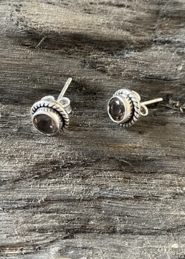 Solid Silver Smoky Quartz Round Stud Earrings