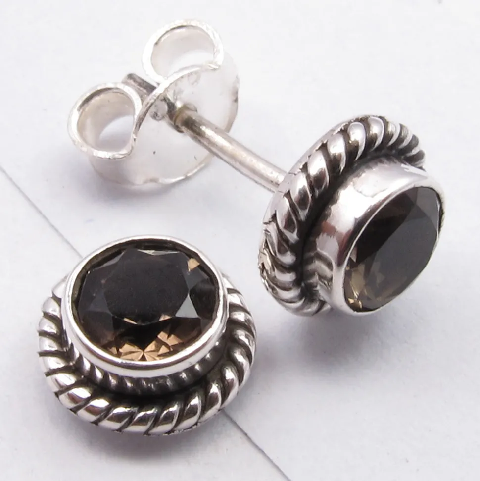 solid_silver_smoky_quartz_3.webp Solid Silver Smoky Quartz Round Stud Earrings