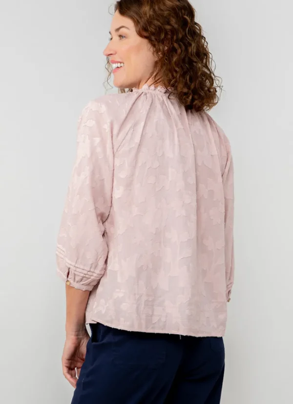 Zoe Cotton Jacquard Keyhole Neck Blouse in Soft Pink