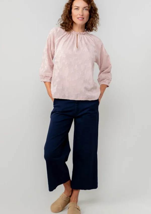 Zoe Cotton Jacquard Keyhole Neck Blouse in Soft Pink