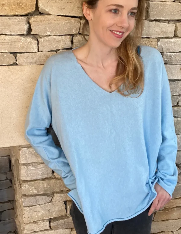 Cashmere Mix V Neck Knit in Blues & Teals