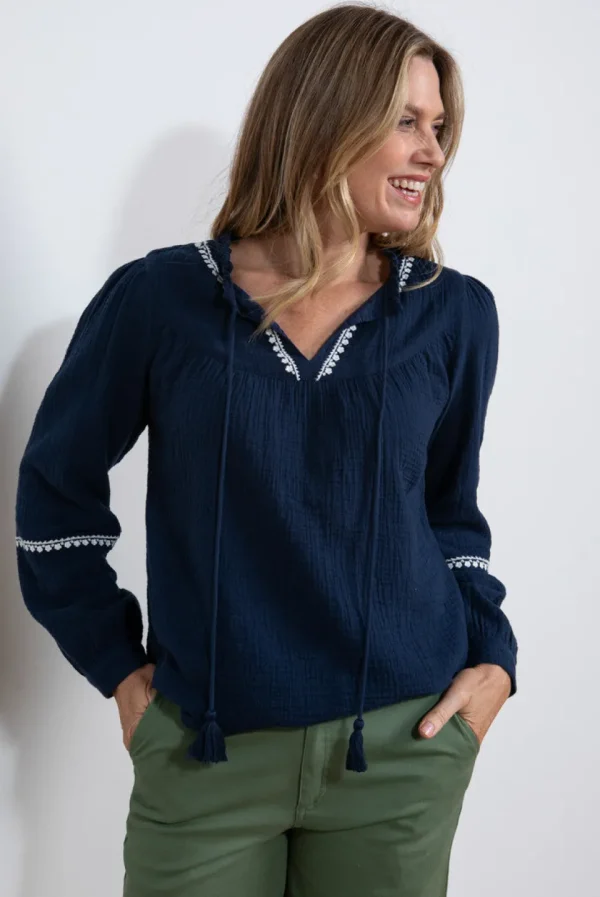 Lori Embroidered Top in Navy
