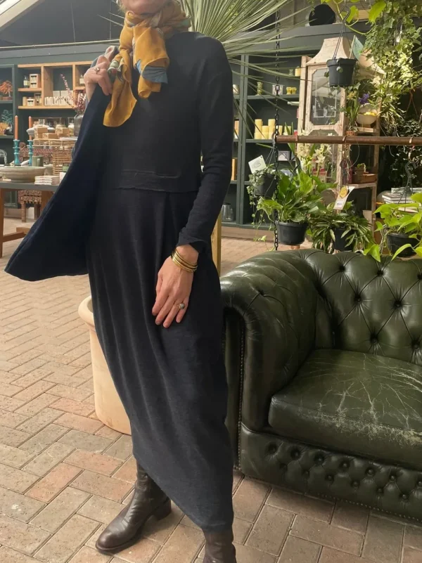 Merino Wool Long Blusbar Dress with Pleats & High Neck in Blue