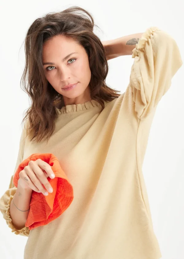 Merino Wool Ruffle Neck Wide Top in Indigo Blue and Earth Brown