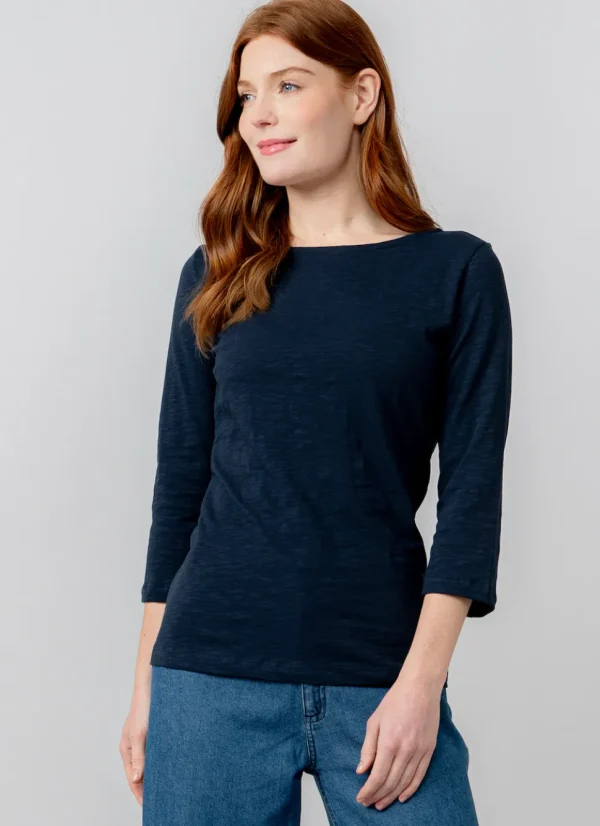 Monica Organic Cotton3/4 Sleeve Top in Navy