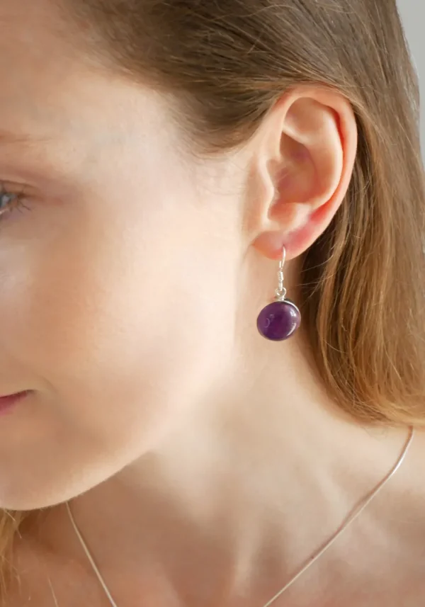 Solid Silver Amethyst Cabochon Disc Drop Earrings