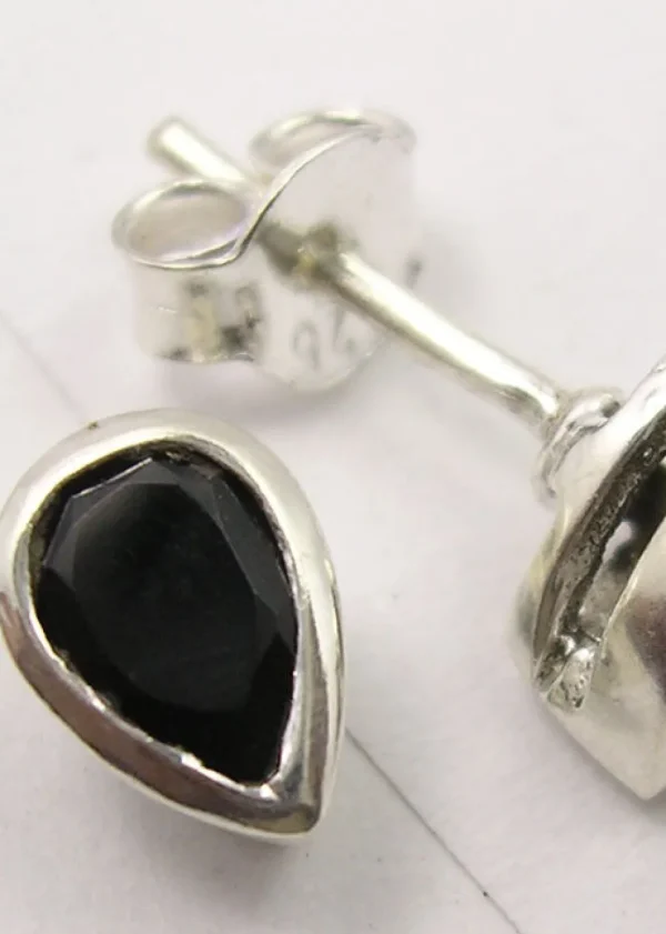 Solid Silver Black Onyx Tear-Drop Stud Earrings