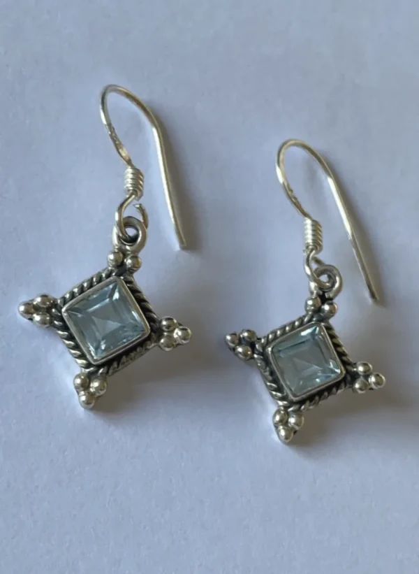 Solid Silver Blue Topaz Diamond shaped Drop Earrings