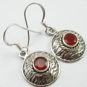 Solid Silver Carnelian Basket Weave Disc Drop Earrings