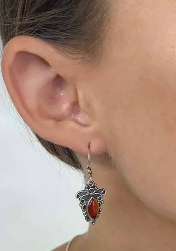Solid Silver Carnelian Ornate Scroll Drop Earrings
