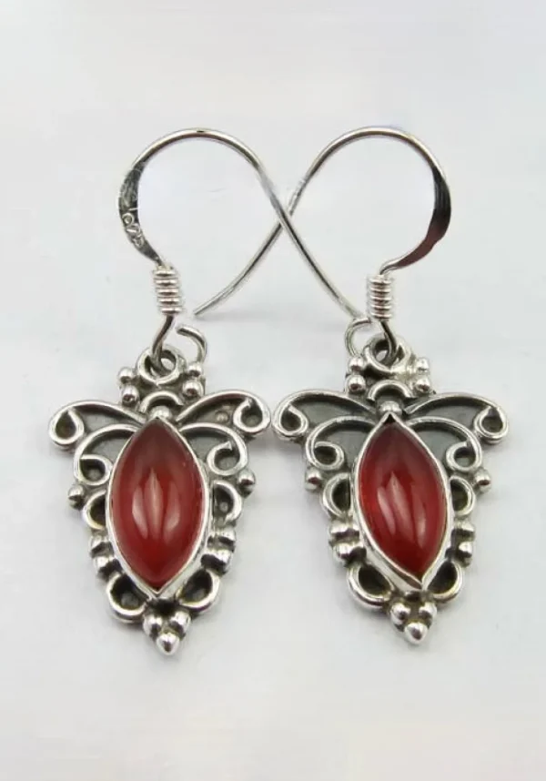 Solid Silver Carnelian Ornate Scroll Drop Earrings