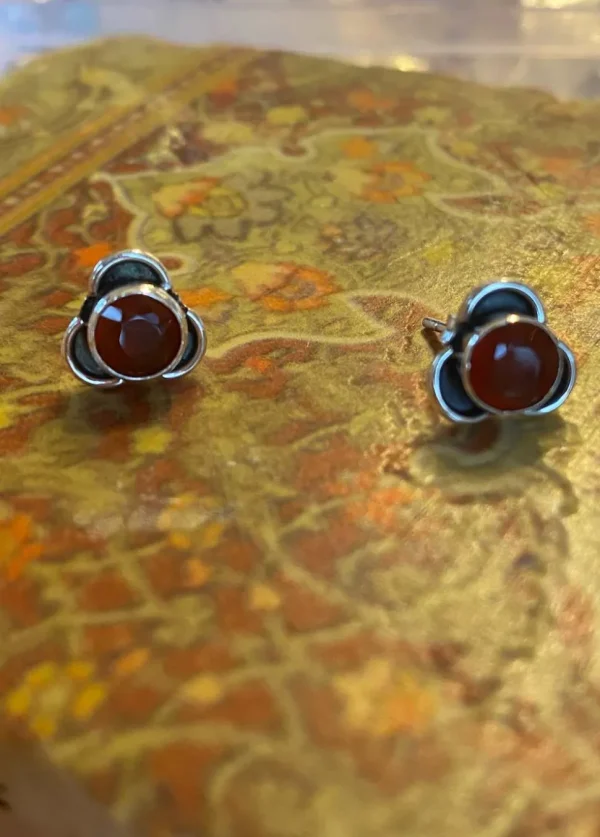 Solid Silver Carnelian Stud Earrings with Triple Curve Frame