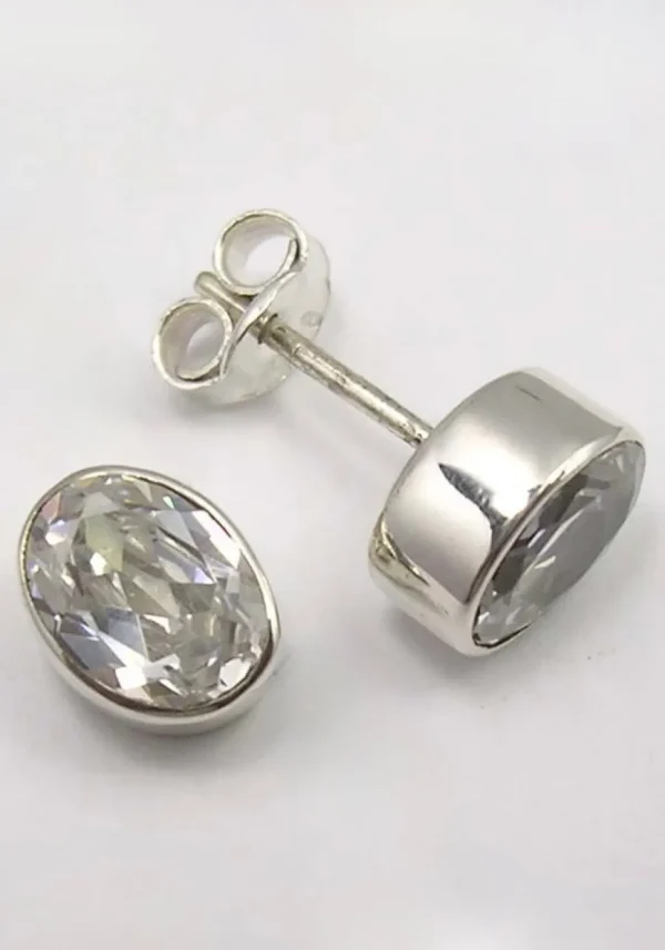 Solid Silver Cubic Zirconia Oval Stud Earrings