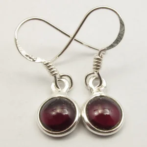 Solid Silver Garnet Cabochon Round Drop Earrings