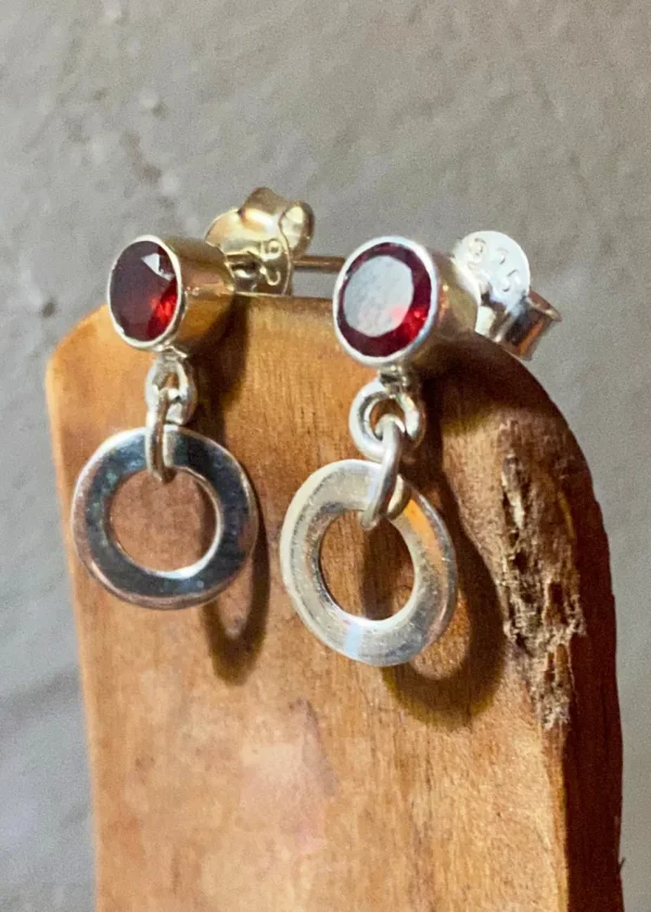 Solid Silver Garnet Stud Earrings with Loop Drop