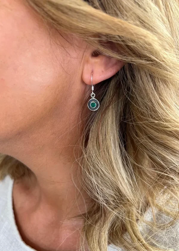 Solid Silver Green Onyx Round Drop Earrings