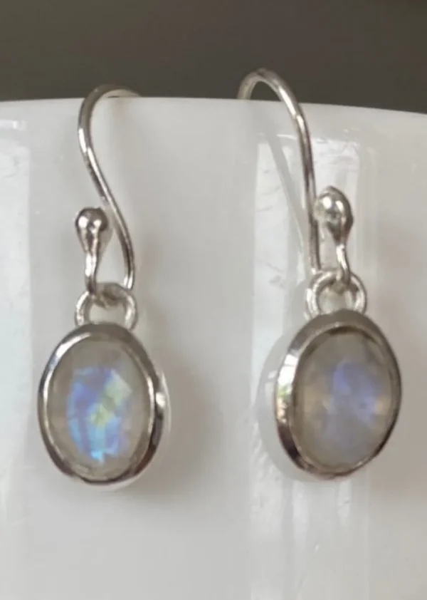 Solid Silver Rainbow Moonstone oval Drop Earrings