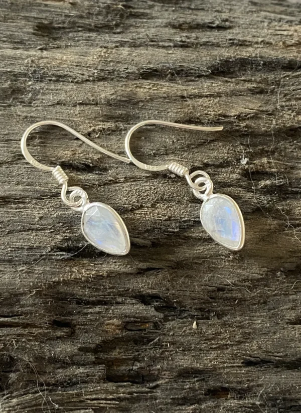 Solid Silver Rainbow Moonstone Tear-drop Drop Earrings