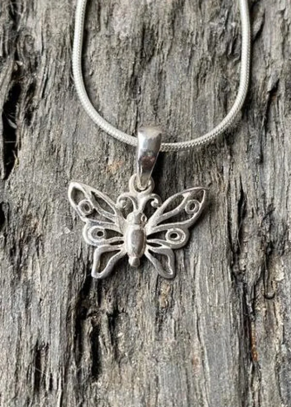 Solid Silver Simple Butterfly Pendant and Chain