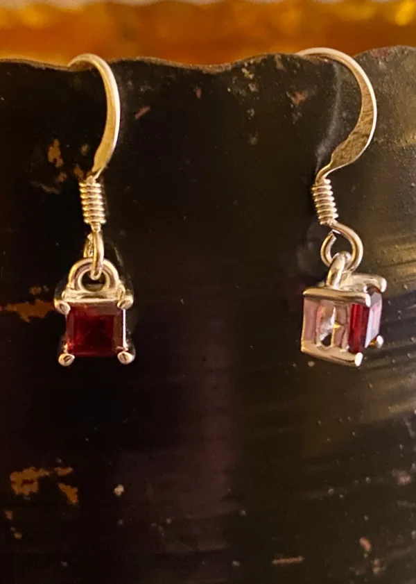 Solid Silver Square Garnet Drop Earrings