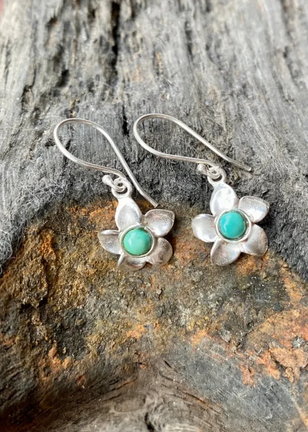 Solid Silver Turquoise Flower Drop Earrings